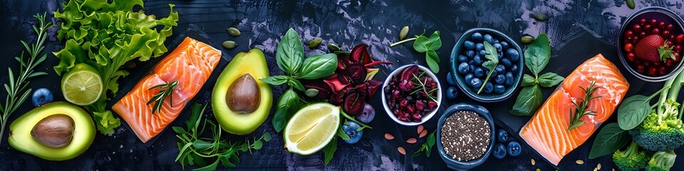 Top view of fresh organic ingredients for healthy eating on dark background