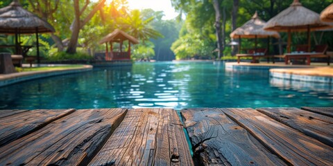 Tranquil resort pool surrounded by natural greenery under a sunny sky - obrazy, fototapety, plakaty