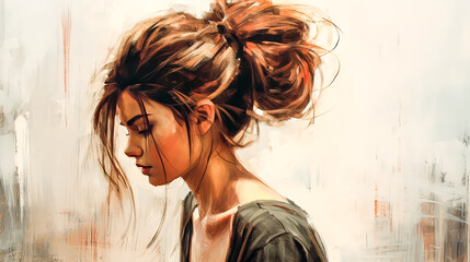 A woman with a messy bun is sitting in a room