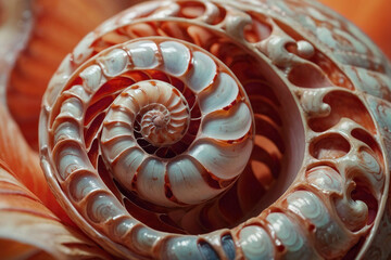 Close-up image, a cute shell lies on the sand. Shellfish, seaside vacation, macro photo, soft pastel colors. Nautilus spiral.