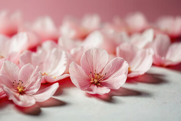 Banner template, cute background in soft pastel pink colors. Sakura flower, cherry petals, spring image.