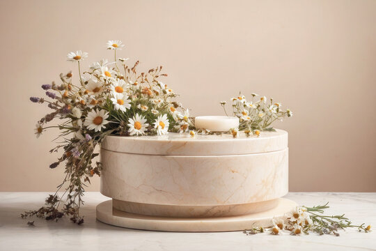 Template for advertising image, beige marble round podium and wild flowers, daisies. Product stand.