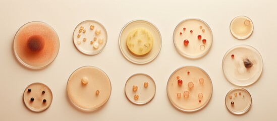 Fototapeta premium A collection of petri dishes containing various bacteria strains commonly found in food ingredients for recipes, cuisines, dishes, baked goods, finger foods, produce, comfort foods, and more