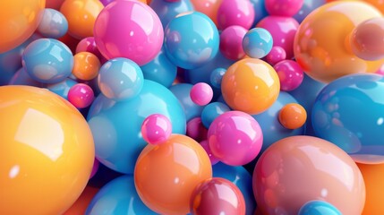 Colorful glossy soft balls of different sizes. Background with many colored large and small random spheres. - obrazy, fototapety, plakaty