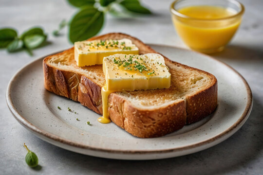 An image of crispy delicious toast with a piece of butter and herbs on a plate. Breakfast advertising photo template.