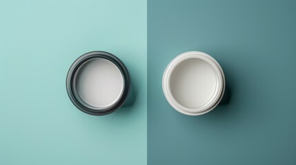 An open can of white paint on a pastel blue background. Repair concept