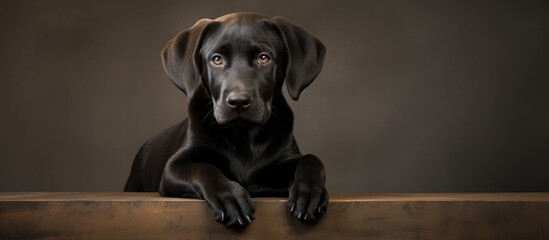 A black Canidae dog with a shiny black coat is resting its head on a wooden table, looking directly at the camera with its alert eyes - Powered by Adobe