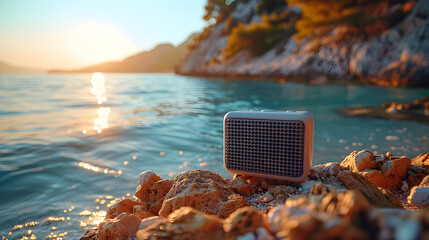 A portable wireless speaker sits on a rocky shore, with the sun setting over tranquil sea waters in...