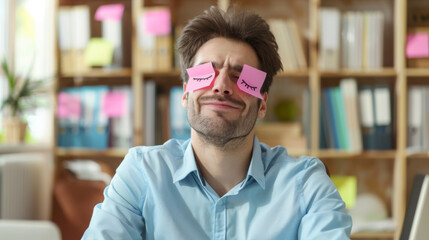 Obraz premium A man sits with sticky notes over his eyes that have cartoon eyes drawn on them, suggesting playfulness amidst work.