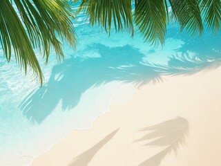 tropical leaf shadow on the surface of the water. Shadow of palm leaves on a beach with white sand. Gorgeous abstract background idea banner for a beach getaway this summer.