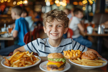 Happy boy, restaurant table, many plates with different fast food on the table. Food court. Unhealthy food concept.