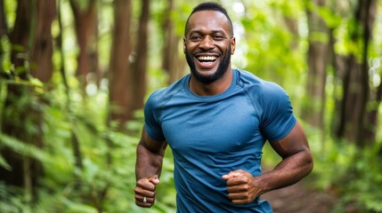 Active african young man joyfully running and jogging to promote health and well being