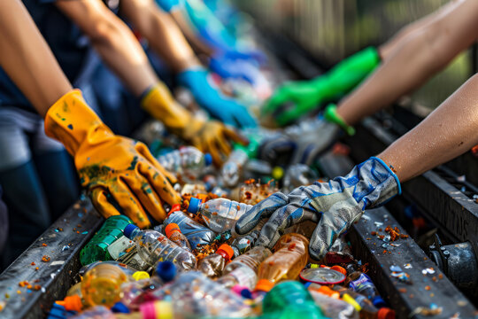 Multiple employees' gloved hands are depicted in close-up on the conveyor belt, engaged in sorting and recycling various types of waste, such as plastic bottles, glass and other assorted refuse.