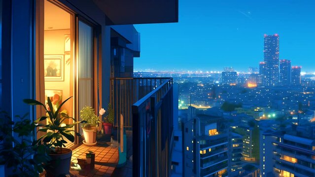 Lofi urban at night with apartment balcony. seamless looping 4k time-lapse animation video background