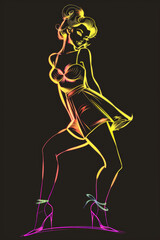 Simple vector graphic of a neon 1950-th style, pin up  woman girl on a black background.
