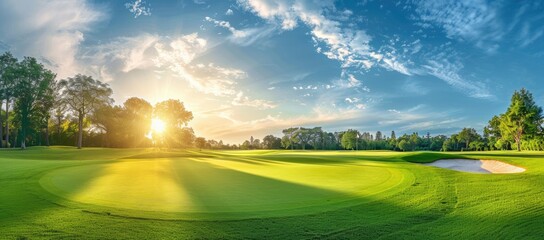 Green grass and woods on a golf field - obrazy, fototapety, plakaty