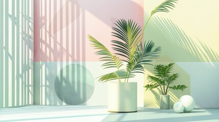 Soft pastel tones converging in a symphony of colors on a polished minimalist backdrop, accompanied by understated geometric patterns.