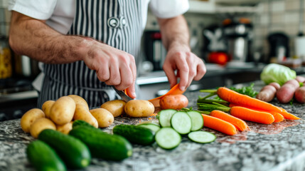 A marble counter where a cook is peeling vegetables, carrots, potatoes, cucumbers, close up on his hands clear bodyline, wide angle - obrazy, fototapety, plakaty