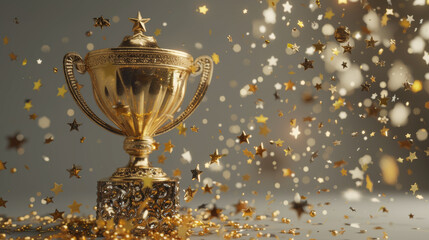 A gleaming trophy surrounded by golden stars and confetti reflects a festive celebration.