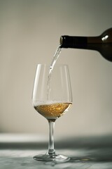 White wine being poured into a glass, capturing the liquid's elegant flow and the bubbles forming at the bottom.