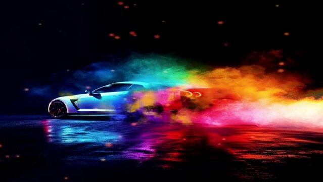 The colorful metal body of a smooth sports car emits colorful exhaust smoke on a plain black background, adding a modern touch
