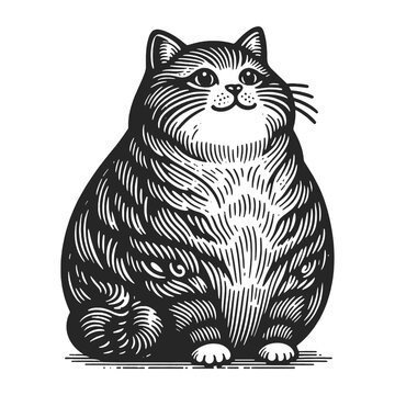 chubby fat domestic cat sitting sketch engraving generative ai fictional character vector illustration. Scratch board imitation. Black and white image.