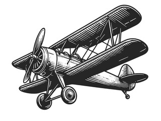 biplane vintage plane, reminiscent of early aviation history sketch engraving generative ai vector illustration. Scratch board imitation. Black and white image.