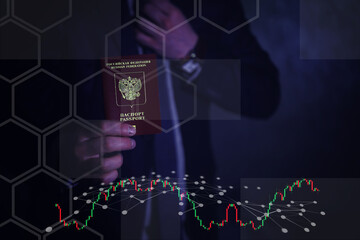 men's hands hold a red foreign Russian passport against the background of themselves in a suit,...