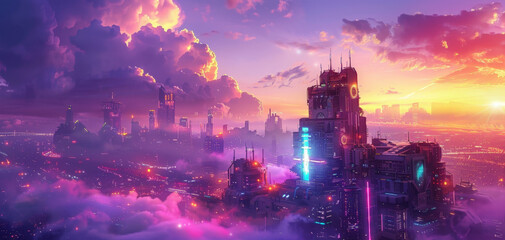 City of a future against purple sunset sky with clouds. Futuristic building with bright neon lights. Wallpaper in a style of cyberpunk.