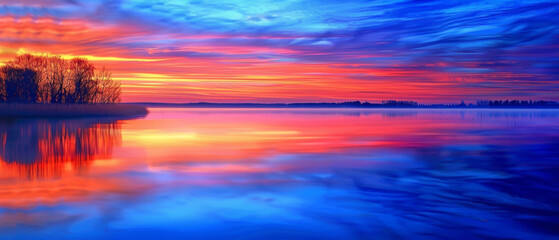A serene lake reflecting the colors of the sky at sunrise, creating a splendid gradient of blues and oranges, all captured in high-definition to emphasize its mesmerizing vibrancy. - obrazy, fototapety, plakaty