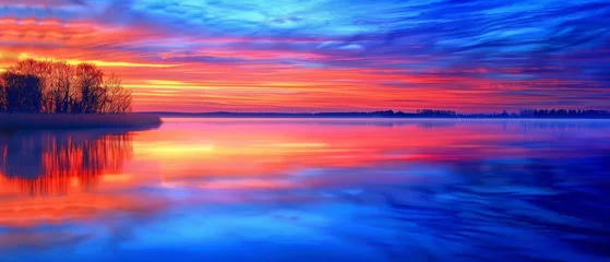 Foto op Canvas A serene lake reflecting the colors of the sky at sunrise, creating a splendid gradient of blues and oranges, all captured in high-definition to emphasize its mesmerizing vibrancy. © Hamza