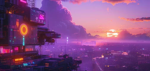 Foto op Plexiglas City of a future against purple sunset sky with clouds. Futuristic building with bright neon lights. Wallpaper in a style of cyberpunk. © Valeriy