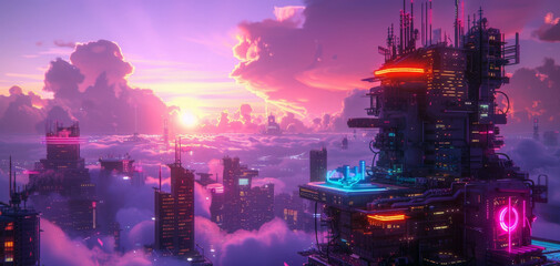 City of a future against purple sunset sky with clouds. Futuristic building with bright neon lights. Wallpaper in a style of cyberpunk.