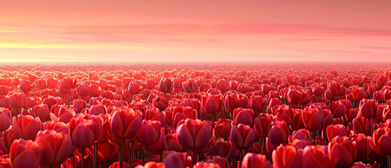 A field of tulips in bloom, with the colors shifting from vibrant reds to soft pinks, creating a splendid gradient captured in high-definition to emphasize its mesmerizing vibrancy. - obrazy, fototapety, plakaty