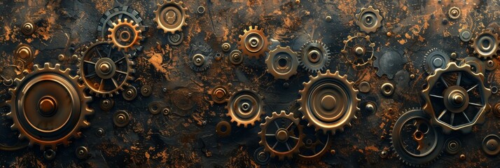 A dynamic, steampunk gear and cog pattern, set against a backdrop of aged brass and copper, symbolizing the technological marvels and machinery created with Generative AI Technology