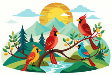  a group of colorful Cardinal... bird sits on a branch of a tree, sun, mountains ,river, behind   Guava tree with forest