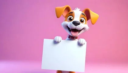 Tuinposter 3d cute Dog Puppy holding up a blank sign Board, colorful cartoon character with empty banner cartoon monster illustration animal vector © Saqib