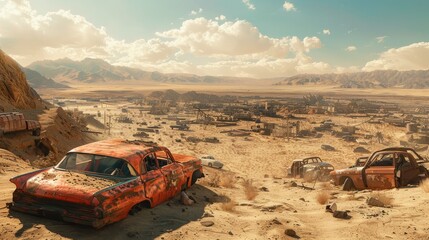 A sprawling desert wasteland stretches under a cracked and lifeless sky, with abandoned vehicles rusting in the sand, hinting at a past civilization. - obrazy, fototapety, plakaty