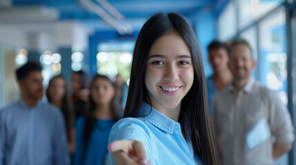 Fototapeta premium A confident woman with her hand extended as if to point or select, with a group of out-of-focus colleagues behind her.
