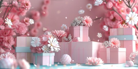  "Elegant Pastel Gift Boxes Amidst Soft Floral Decor"
