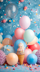 Fototapeta na wymiar wide frame carnival background for preschoolers in pastel colors, balloons, ice cream