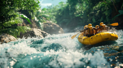 Rafting team navigating through rapid river waters, Spray and foam around the raft - obrazy, fototapety, plakaty