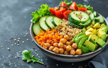 Healthy vegetable lunch in the bowl with quinoa, avocado, chickpeas and tomato - food dish for vegetarians.