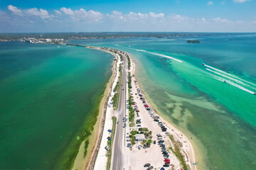 Florida. Beach on Island. Panorama of Honeymoon, Caladesi Island State Park FL. Dunedin Causeway. Summer vacation. Turquoise color of salt water. Ocean, Gulf of Mexico. Tropical Nature. Aerial Aerial