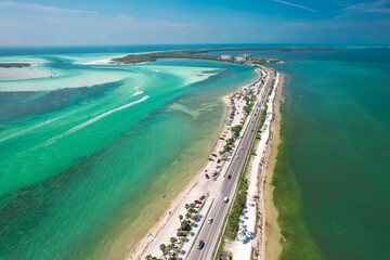 Florida. Beach on Island. Panorama of Honeymoon, Caladesi Island State Park FL. Dunedin Causeway. Summer vacation. Turquoise color of salt water. Ocean, Gulf of Mexico. Tropical Nature. Aerial Aerial