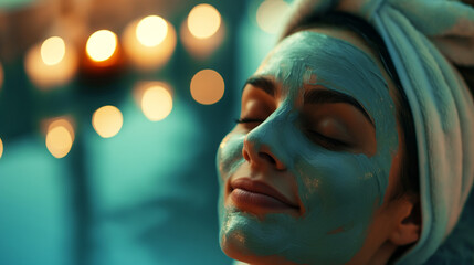 Woman in a spa with a facial mask, Relaxed expression, Soft ambient lighting
