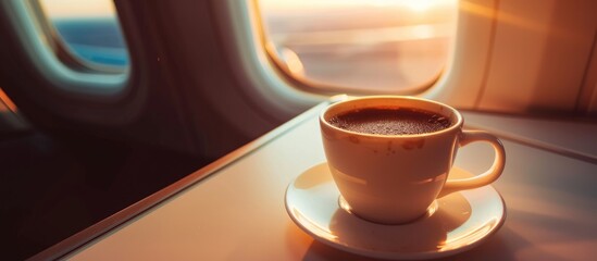 Hot cup of black coffee placed on a table in an airplane cabin.