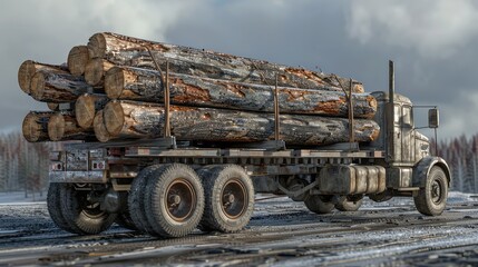 Fototapeta na wymiar A trailer carrying wooden logs