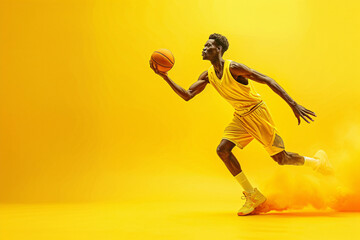 Fototapeta na wymiar a man in a yellow uniform with a basketball