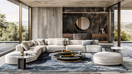 Contemporary Living Room with Luxury Furniture, Featuring a Cozy Sofa and Armchair in a Spacious Modern Apartment